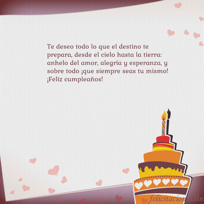 Tarjetas de cumpleaños con pastel y corazones Te deseo todo lo que el destino te prepara, desde Tarjetas de cumpleaños con pastel y corazones