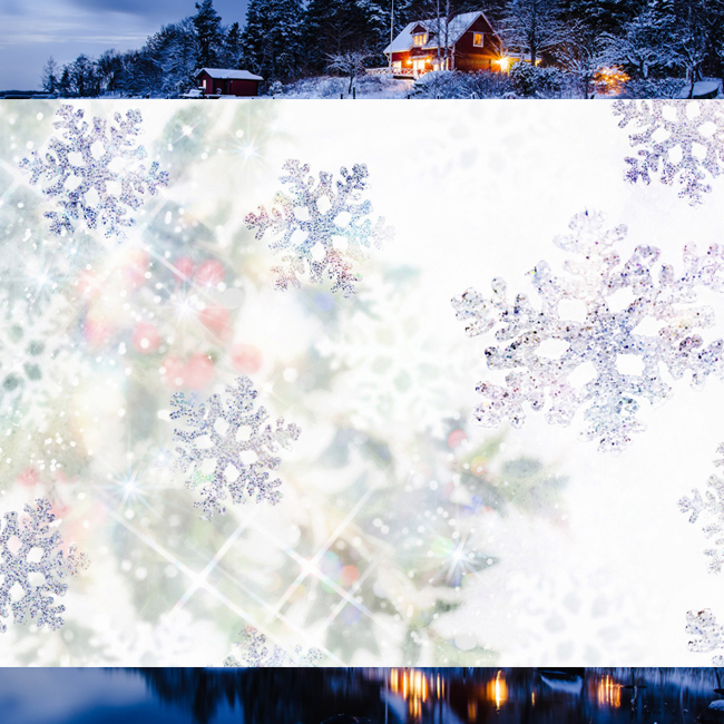 Tarjetas electrónicas de Navidad Tarjeta con copos de nieve y pueblo