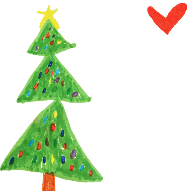 Tarjetas de Año Nuevo Tarjeta con un árbol de Navidad pintado y un corazón