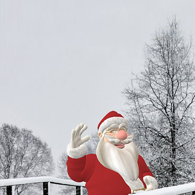 Tarjetas de Año Nuevo Tarjeta de felicitación con Papá Noel y árboles cubiertos de nieve